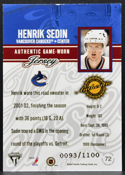 2002-03 Pacific Private Stock Titanium Jerseys Henrik Sedin Canucks Jersey 6753