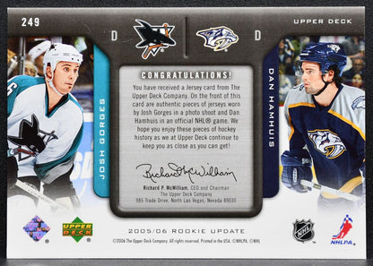 2005-06 UD Rookie Update Inspiration Josh Gorges/Dan Hamhuis RC Jersey 3292