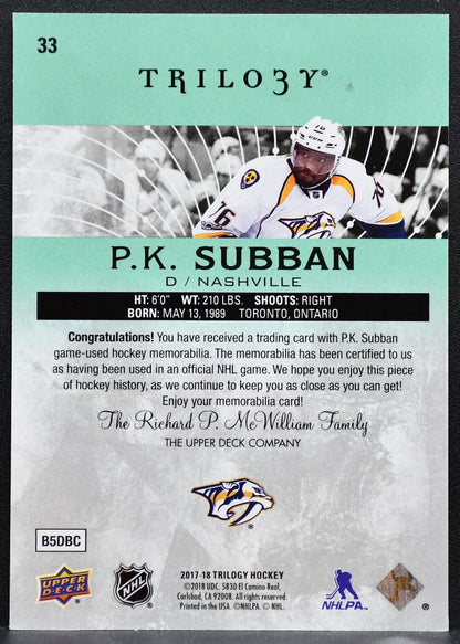 2017-18 UD Trilogy Relics Jersey Green Foil P.K. Subban 361/500 Jersey 0394