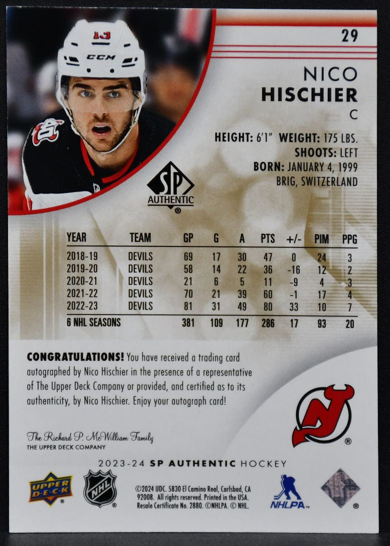 2023-24 SP Authentic Limited Auto Nico Hischier 29 New Jersey Devils Auto 5594