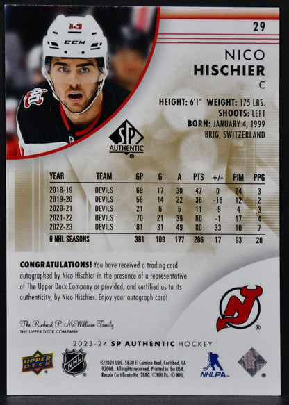 2023-24 SP Authentic Limited Auto Nico Hischier 29 New Jersey Devils Auto 5594