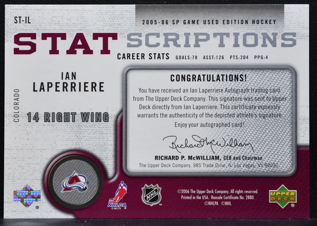 2005-06 SP Game Used Statscriptions Ian Laperriere Avalanche Auto 66/78 9174