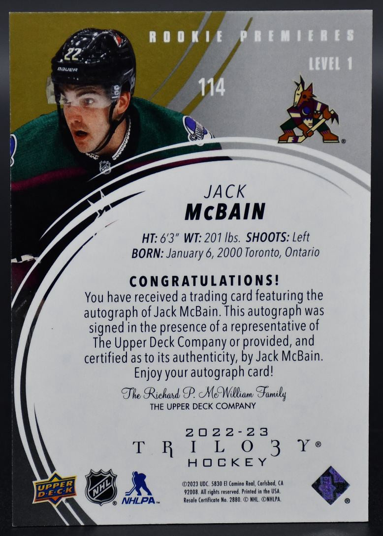 2022-23 UD Trilogy Jack McBain 114 Arizona Coyotes RC Auto 029/449
