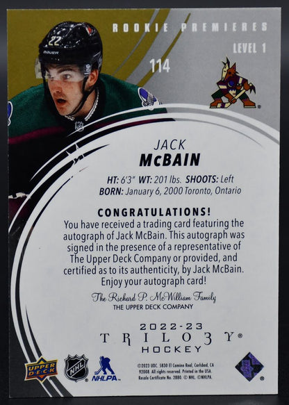 2022-23 UD Trilogy Jack McBain 114 Arizona Coyotes RC Auto 029/449