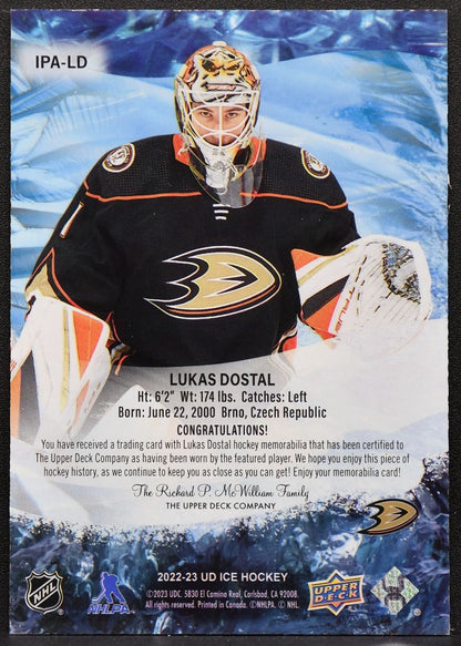 2022-23 UD Ice Premieres Jerseys Lukas Dostal IPA-LD Anaheim Ducks RC Jersey 2837