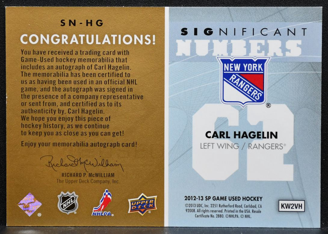 2012-13 SP Game Used Significant Numbers Carl Hagelin Auto 27/62 Jersey 2039