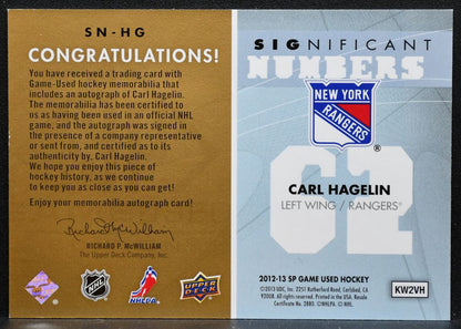2012-13 SP Game Used Significant Numbers Carl Hagelin Auto 27/62 Jersey 2039