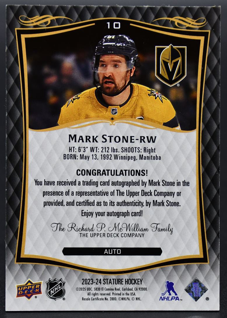 2023-24 UD Stature Update - Auto Mark Stone 10 Vegas Golden Knights Auto