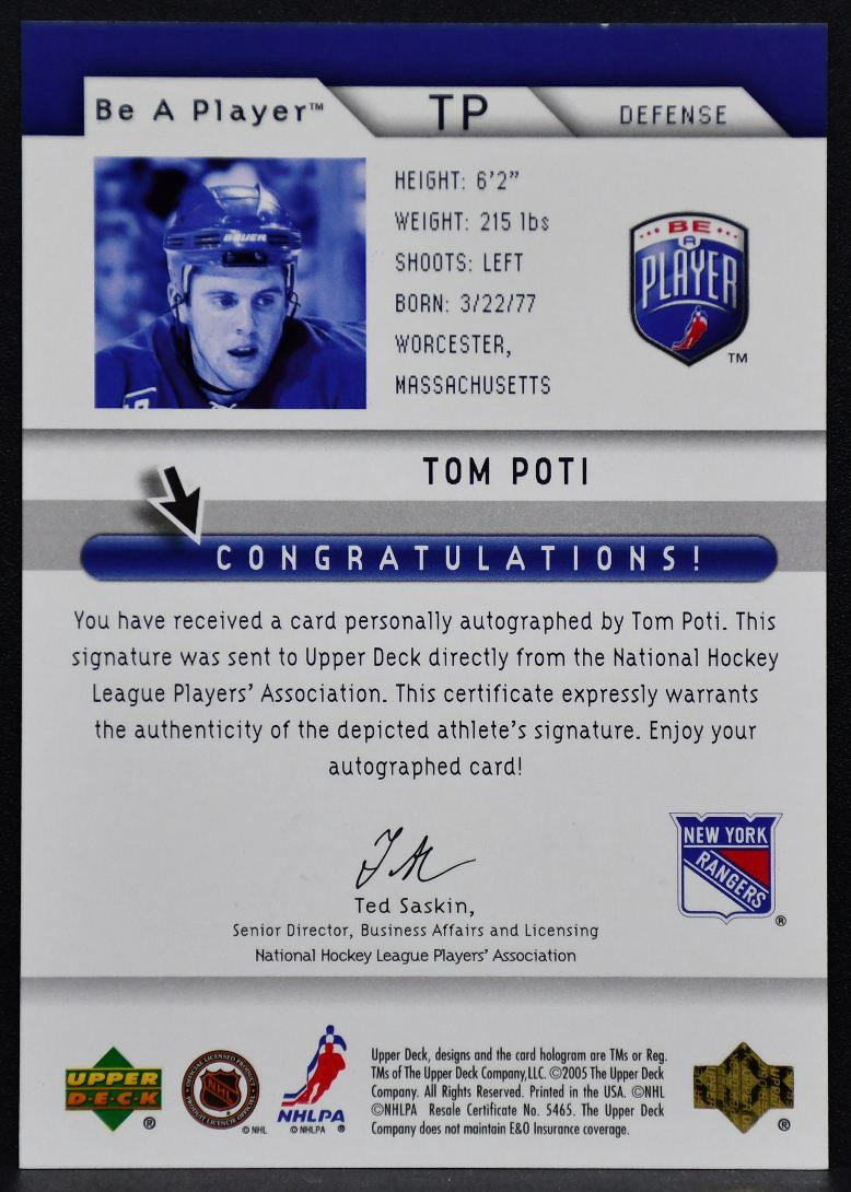 2005-06 Upper Deck Be a Player Signatures Tom Poti TP New York Rangers Auto 3252