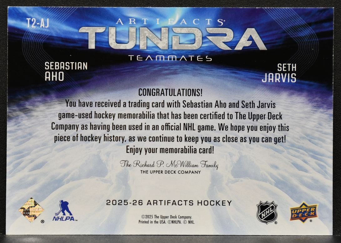 25-26 UD Artifacts Tundra Teammates Aho / Jarvis T2-AJ Hurricanes /99 Jersey 7383