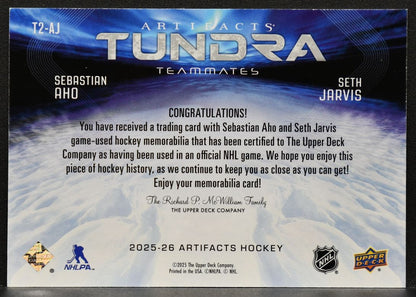 25-26 UD Artifacts Tundra Teammates Aho / Jarvis T2-AJ Hurricanes /99 Jersey 7383