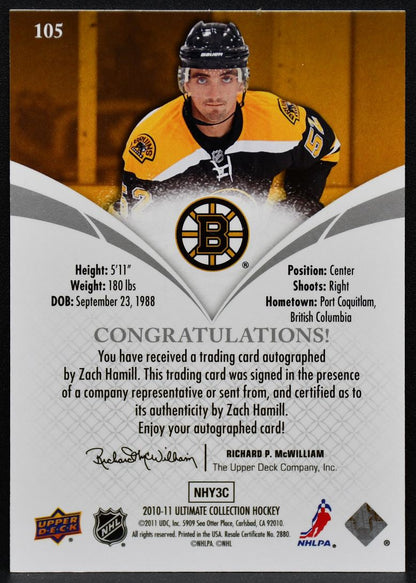 2010-11 UD Ultimate Collection RC Zach Hamill 105 Bruins RC Auto 149/299 6078