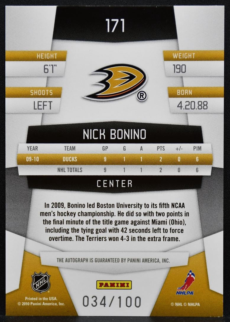 2010-11 Panini Certified Freshman Mirror Bonino 171 Ducks RC Auto 034/100 2315