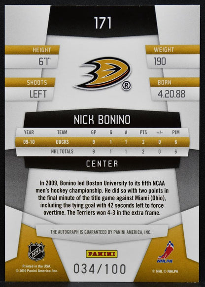 2010-11 Panini Certified Freshman Mirror Bonino 171 Ducks RC Auto 034/100 2315