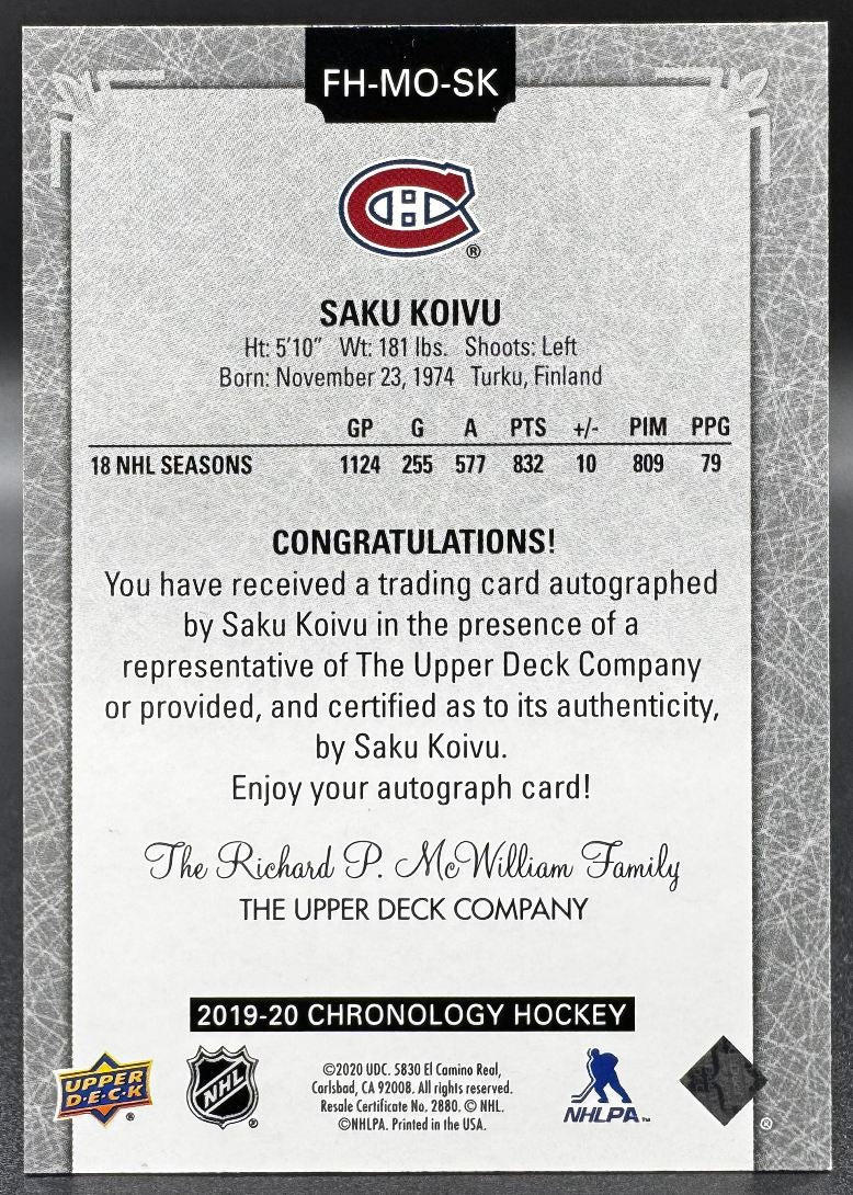 2019-20 UD Chronologie Historique de la franchise Autos Saku Koivu Canadiens de Montréal Auto