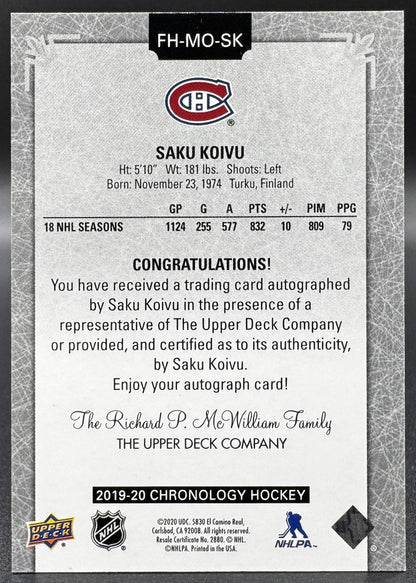 2019-20 UD Chronologie Historique de la franchise Autos Saku Koivu Canadiens de Montréal Auto