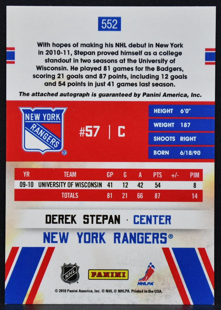 2010-11 Score Signatures Hot Rookies Derek Stepan 552 Rangers RC Auto 2506
