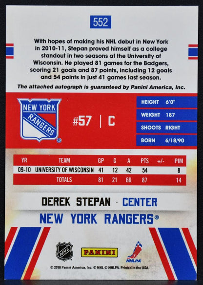 2010-11 Score Signatures Hot Rookies Derek Stepan 552 Rangers RC Auto 2506