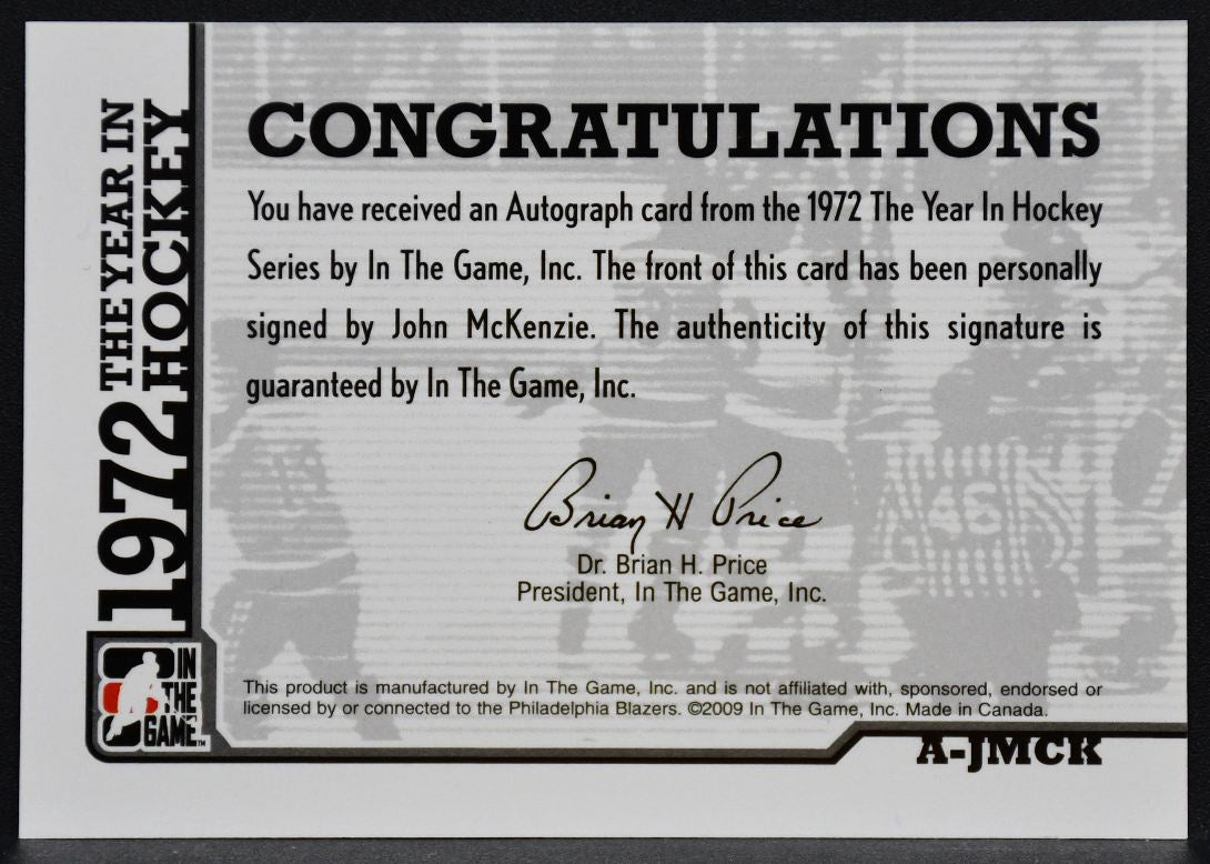 2009-10 ITG 1972 Year Hockey McKenzie A-JMCK Philadelphia Blazers Auto 9956