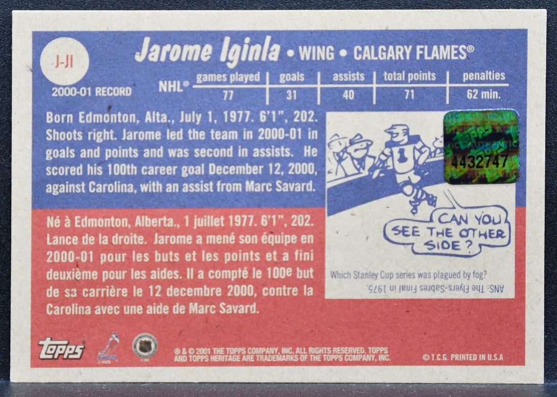 2001-02 Topps Heritage Jerseys Jarome Iginla J-JI Calgary Flames Jersey 9813