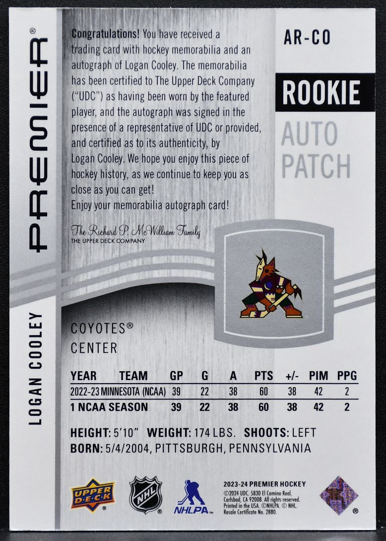 2023-24 UD Premier Acetate Rookie Auto Patch Cooley Coyotes RC Auto Patch 6002