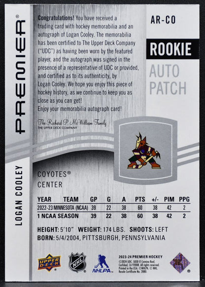 2023-24 UD Premier Acetate Rookie Auto Patch Cooley Coyotes RC Auto Patch 6002