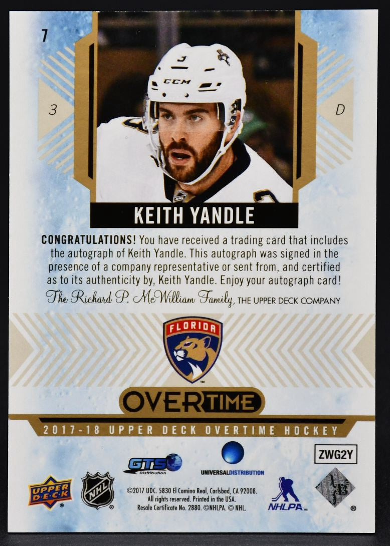 2017-18 UD Overtime Gold Foil Autographs Keith Yandle 7 Auto