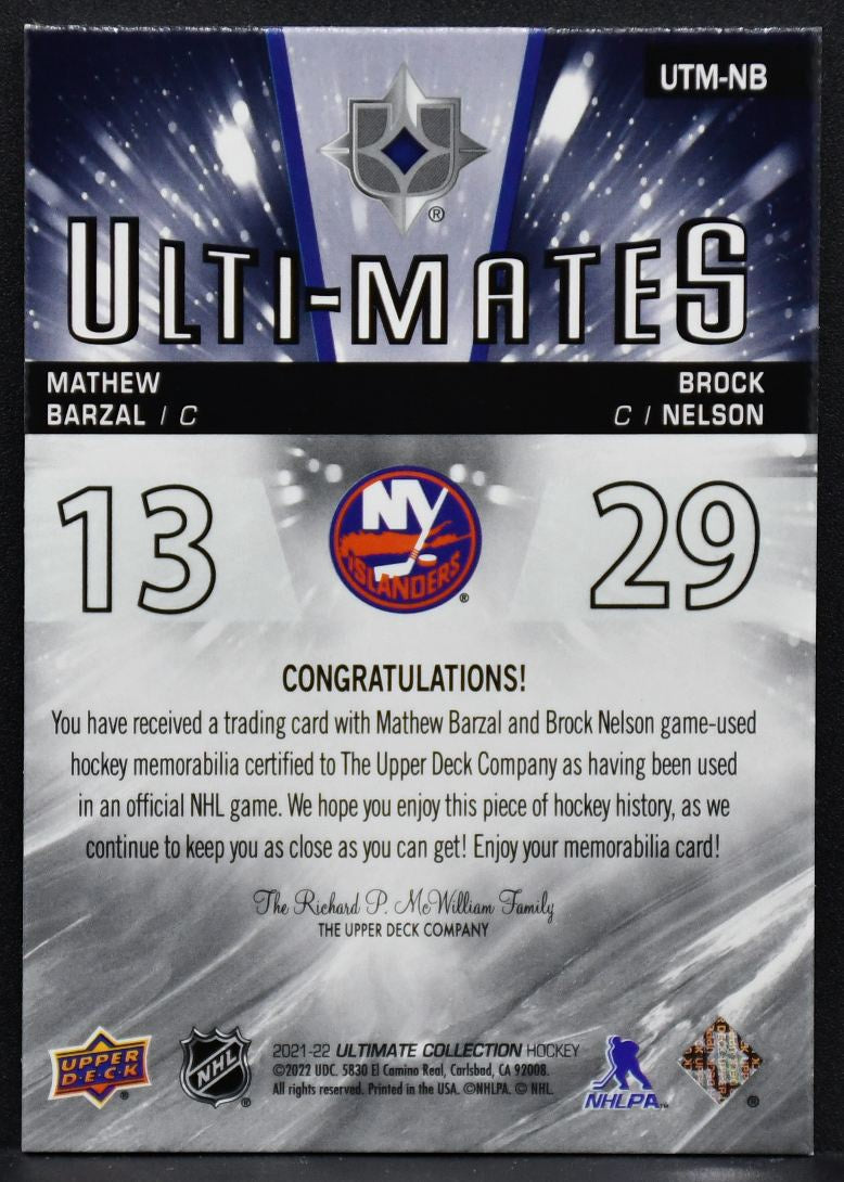 2021-22 UD Ultimate Collection Mathew Barzal / Brock Nelson UTM-NB  Jersey