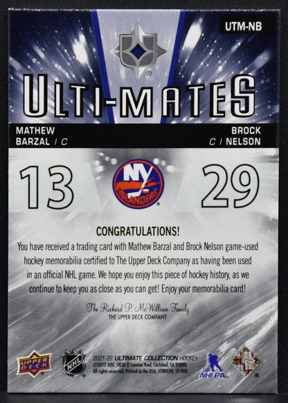 2021-22 UD Ultimate Collection Mathew Barzal / Brock Nelson UTM-NB  Jersey