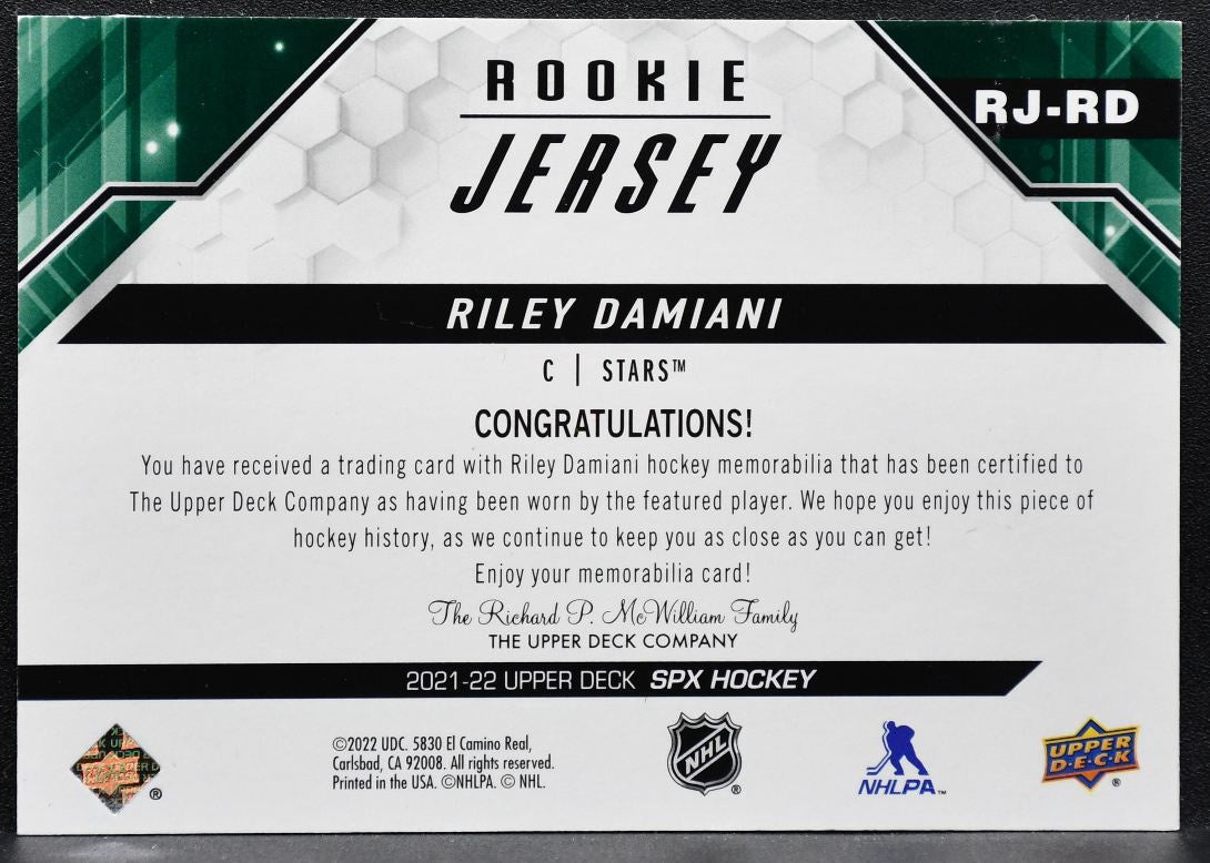 2021-22 SPx Rookie Jersey Riley Damiani RJ-RD Dallas Stars RC Jersey 6385