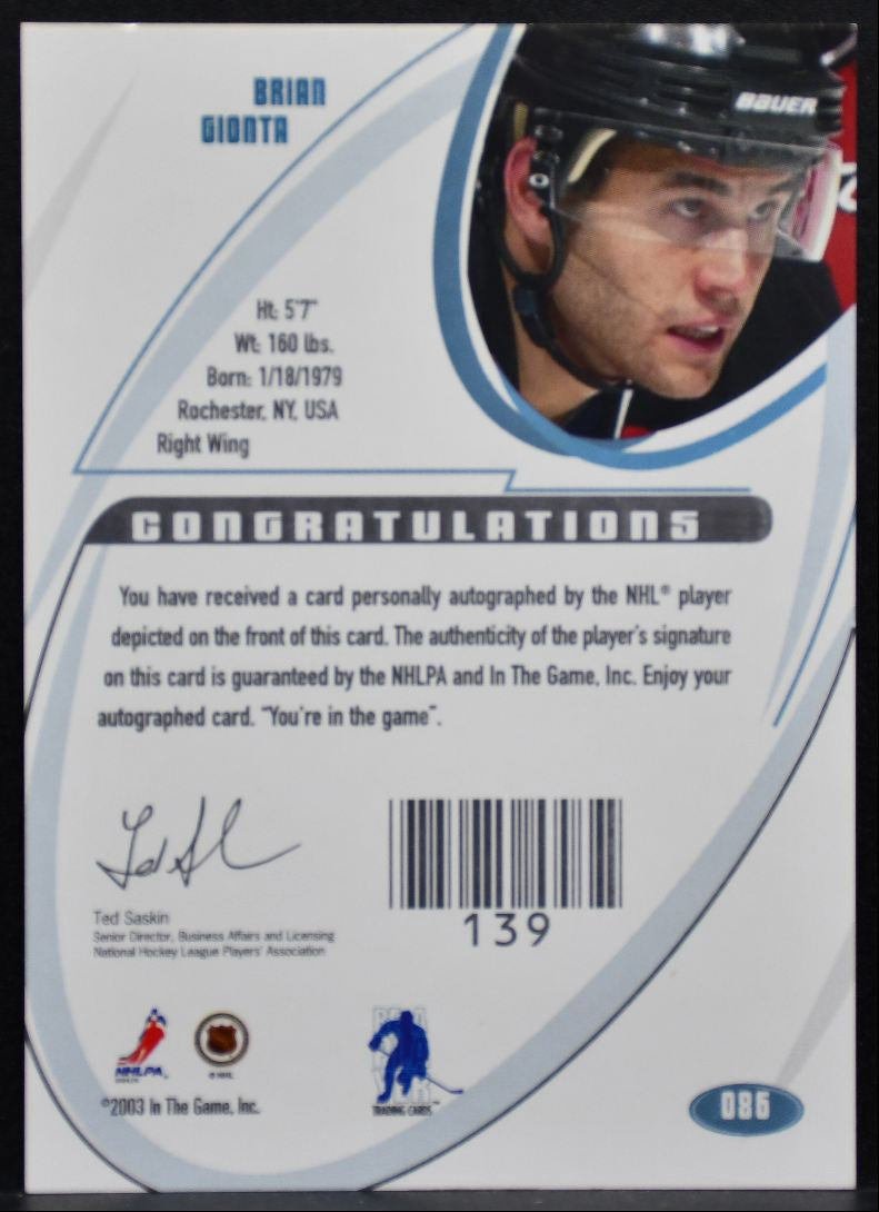 2002-03 In The Game Signature Auto Gold Brian Gionta New Jersey Devils Auto 0710