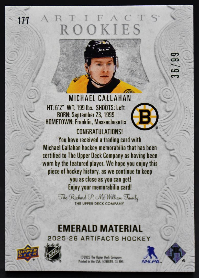2025-26 UD Artifacts Rookies Emerald Materials Callahan 177 RC 36/99 Jersey