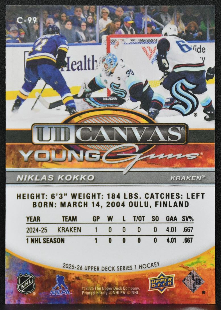 2025-26 UD Series 1 UD Canvas Young Guns Niklas Kokko C-99 Seattle Kraken RC 5425