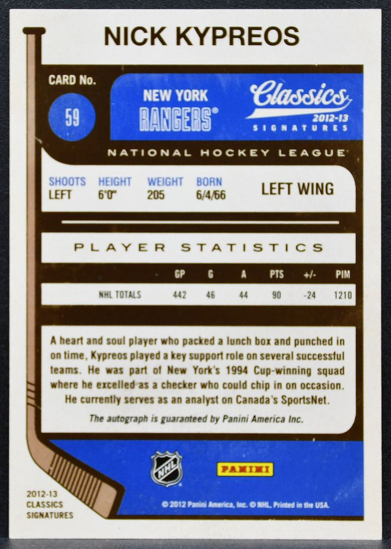 2012-13 Panini Classics Signatures Kypreos 59 New York Rangers Auto 0966