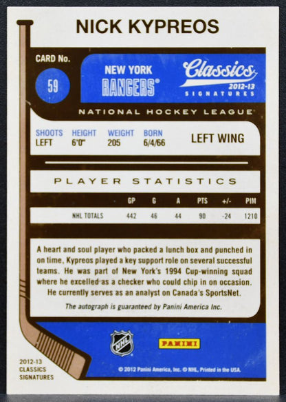 2012-13 Panini Classics Signatures Kypreos 59 New York Rangers Auto 0966
