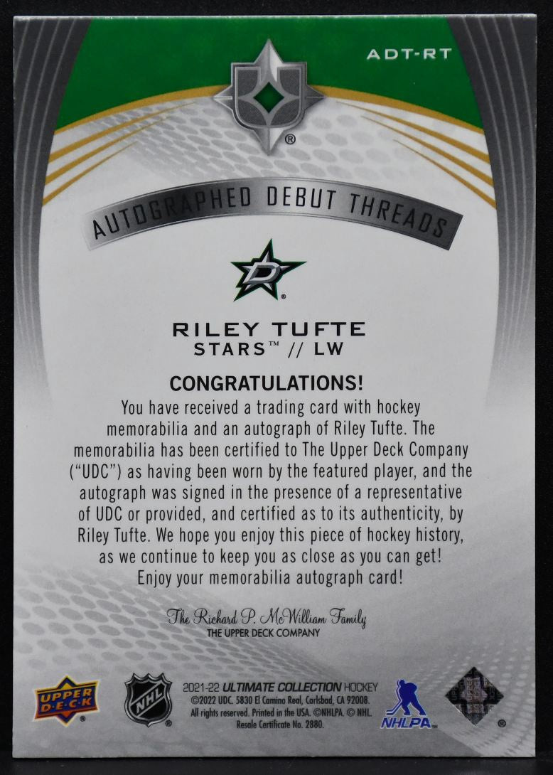 2021-22 Ultimate Autographed Debut Threads Riley Tufte ADT-RT Auto 20/99 Patch