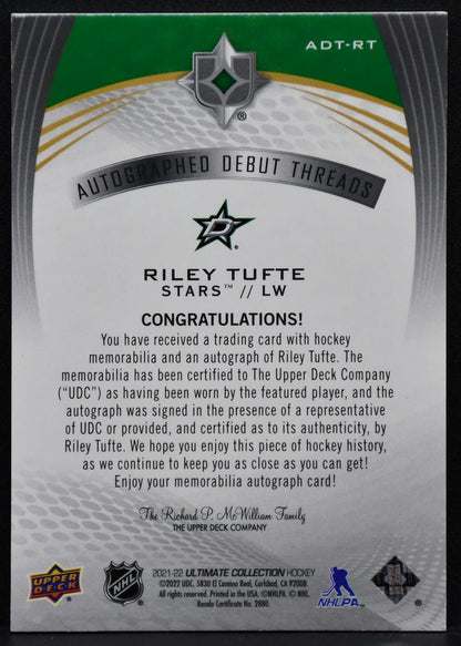 2021-22 Ultimate Autographed Debut Threads Riley Tufte ADT-RT Auto 20/99 Patch
