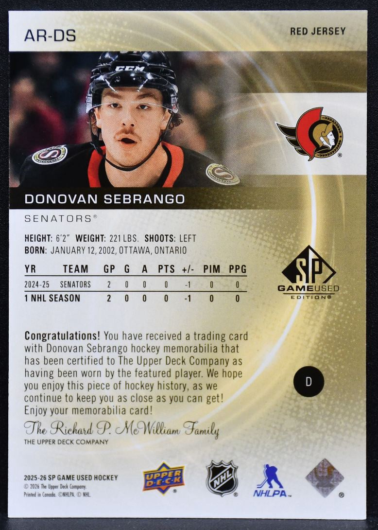 2025-26 SP Game Used Authentic Red  Sebrango AR-DS Senators Auto Jersey 5064