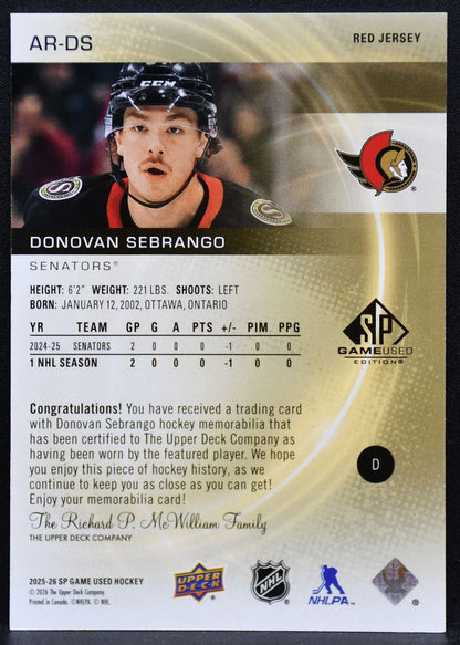 2025-26 SP Game Used Authentic Red  Sebrango AR-DS Senators Auto Jersey 5064