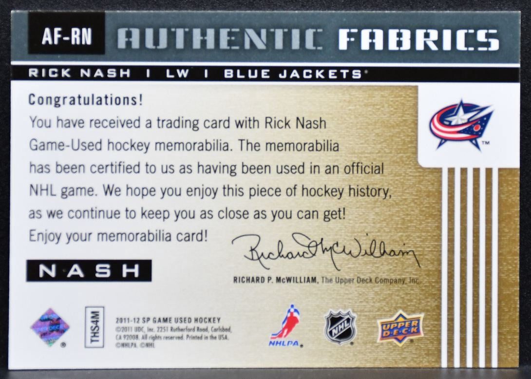 2011-12 SP Game Used Authentic Fabrics Rick Nash AF-RN Jackets Jersey 4668