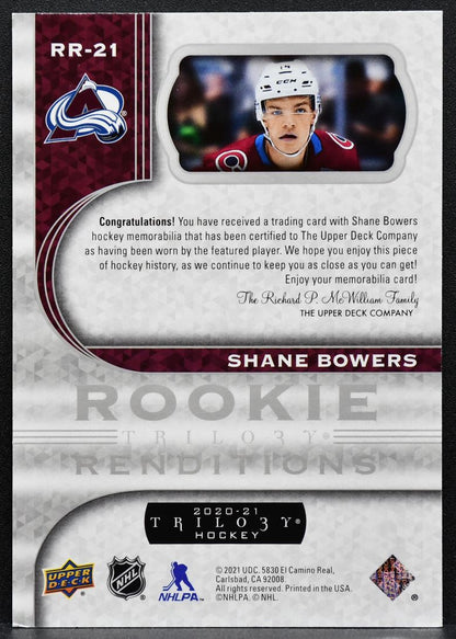 2020-21 UD Trilogy Rookie Renditions Shane Bowers RR-21 Avalanche RC Jersey 6873