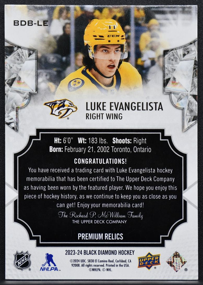 23-24 UD Black Diamond Premium Relics Luke Evangelista Predators 12/25 Jersey 2875