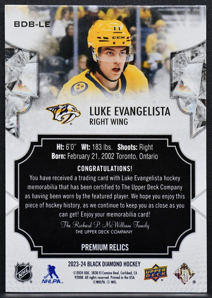 23-24 UD Black Diamond Premium Relics Luke Evangelista Predators 12/25 Jersey 2875