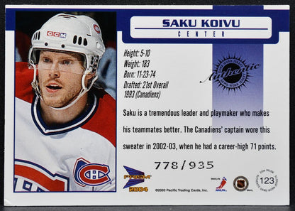2003-04 Pacific Prism Jersey Saku Koivu 123 Canadiens 778/935 Jersey 2370