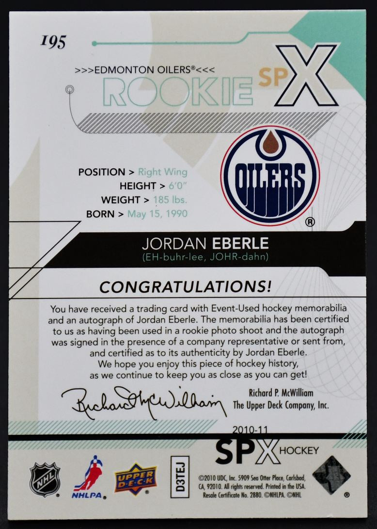 2010-11 SPx Rookie Auto Jersey Jordan Eberle 195 RC Auto Jersey