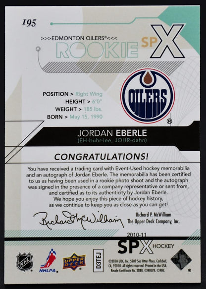 2010-11 SPx Rookie Auto Jersey Jordan Eberle 195 RC Auto Jersey