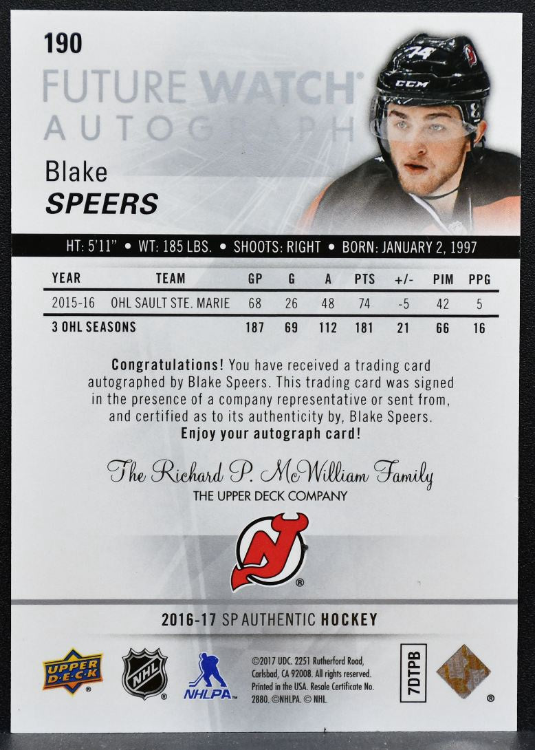 2016-17 SP Authentic Future Watch Auto Blake Speers 190 Devils RC Auto 6960