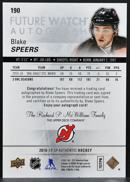 2016-17 SP Authentic Future Watch Auto Blake Speers 190 Devils RC Auto 6960
