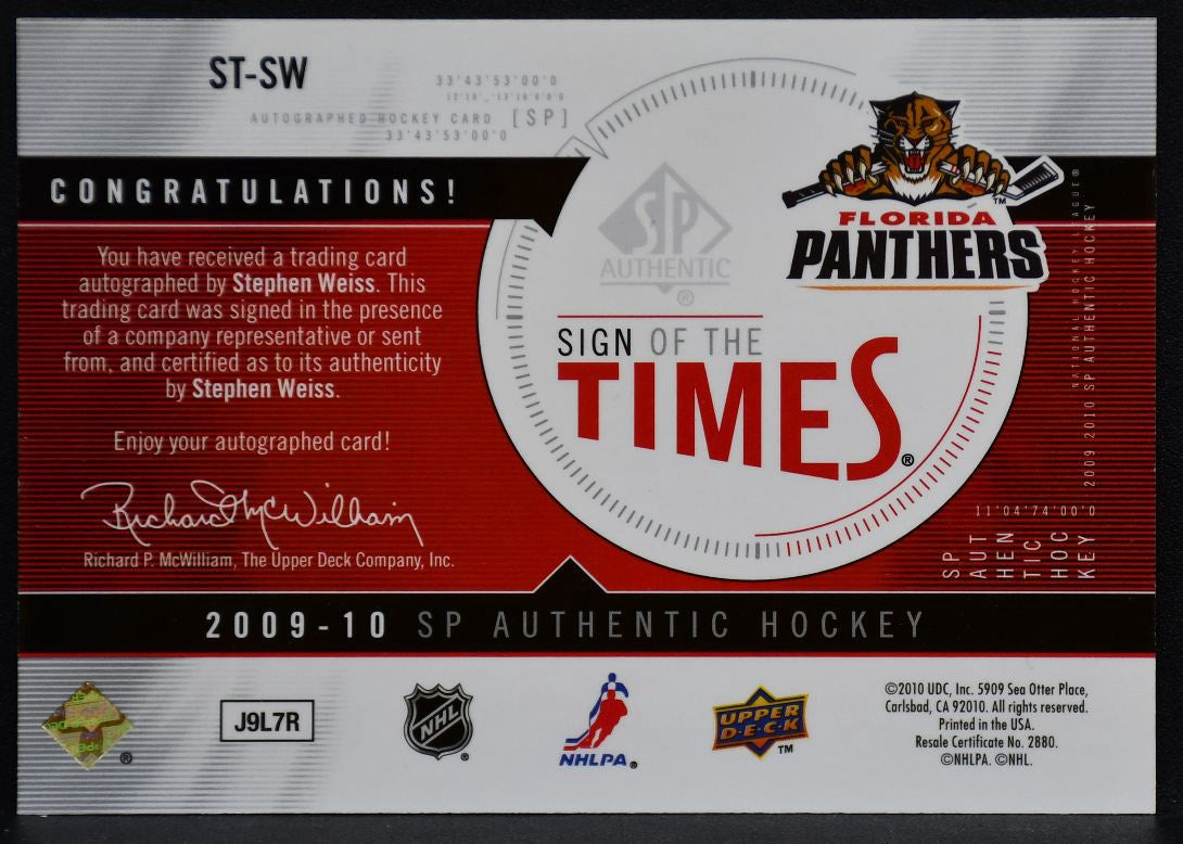 2009-10 SP Authentic Sign of the Times Stephen Weiss ST-SW Panthers Auto 9581