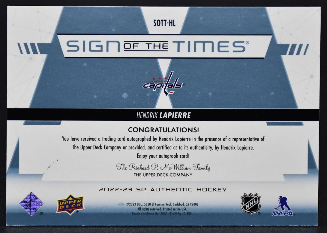 2022-23 SP Authentic Sign of the Times Black Hendrix Lapierre SOTT-HL Auto 28/99